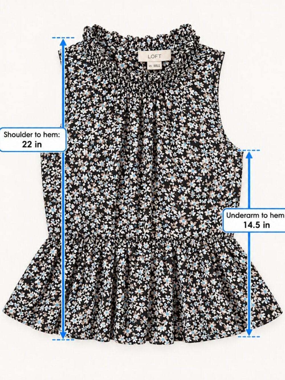 LOFT XS Black Floral Sleeveless Smocked Peplum Blouse - Picture 2 of 5